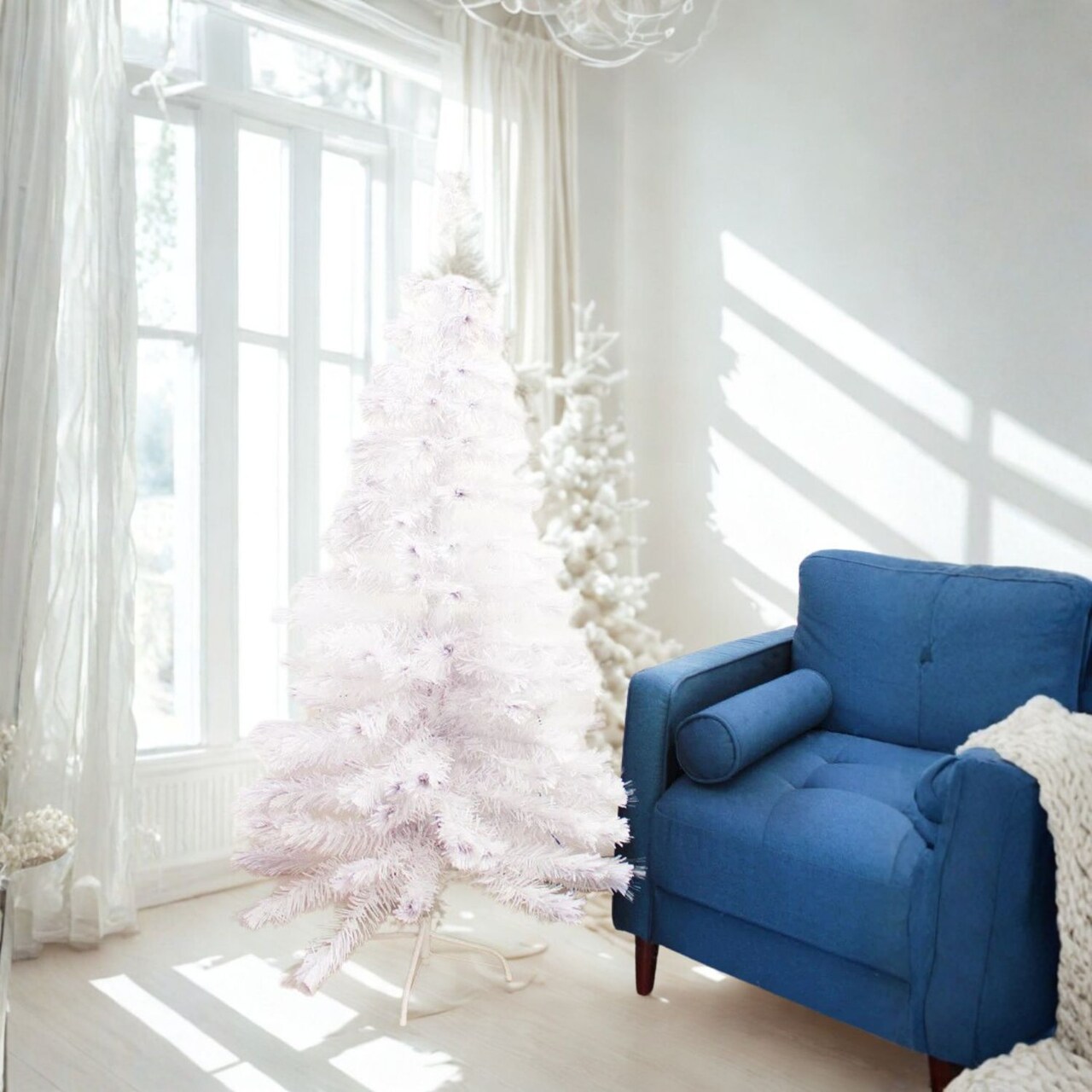 5 Ft White Fiber Optic Christmas Tree with LED Lights and Metal Stand